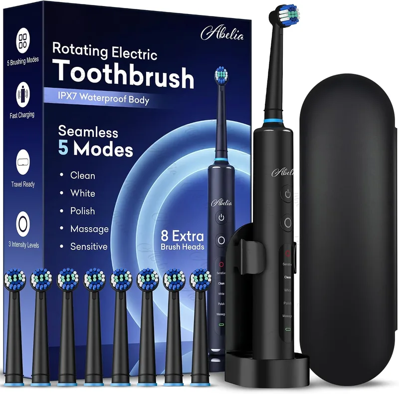 Abelia Rotating Electric Toothbrush for Adults | Rechargeable Oscillating Brush | 8 Round Heads, 5 Modes, 3 Intensity Levels, 2 Min Timer | Waterproof | 2-Year Warranty | Black