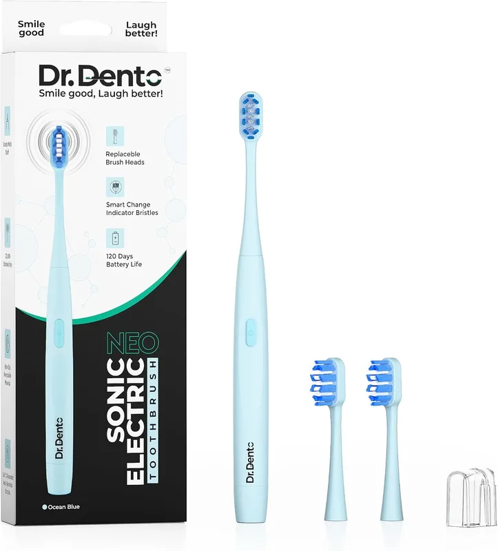 Dr.Dento Neo Sonic Electric Toothbrush | Soft DuPont Bristles | 2 Brush Heads & Cover | 120 Days Battery Life | AAA Powered | Eco-Friendly Design for Unisex Adults | Ocean Blue