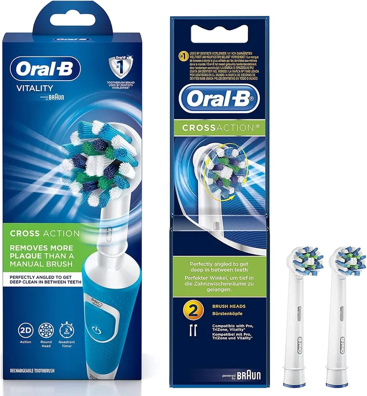 Oral B Vitality 100 Blue Criss Cross Electric Rechargeable Toothbrush Powered by Braun & Oral B Cross Action Toothbrush Heads Pack Of 2 Replacement Refills For Electric Rechargeable - Oral Care Combo