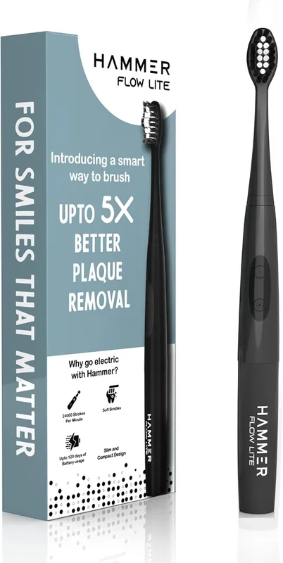 HAMMER Flow Lite Electric Toothbrush with 120 Days Battery Backup, Water resistant, Super-Soft Bristles, Compact Electric Brush for Adults (Black)
