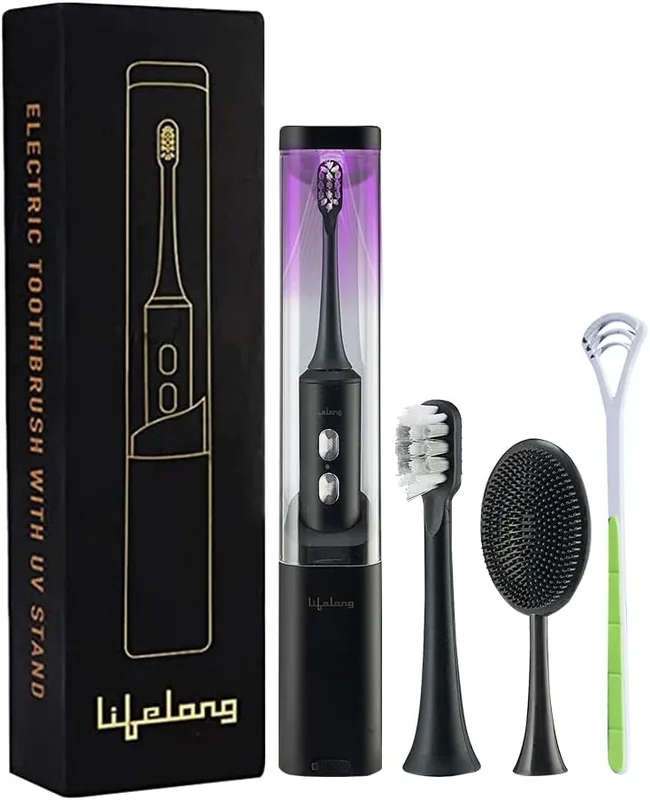 Lifelong Electric Toothbrush with UV sealed Sterilization |3X Plaque Removal | Ideal for Sensitive Gums & Teeth, Fresh Breathe & Brighter Smile |1 Handle,2 Brush Heads,1 Charging cable,1 tongue cleaner| Upgrade to Advanced Technology (LLDC117, Black)