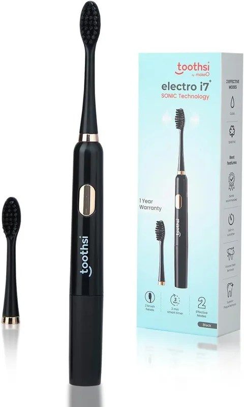 Toothsi Electro I7 Sonic Electric Toothbrush|Smart Electric Toothbrush For Men & Women|With 2 Modes & 2 Brush Heads|Ipx 7 Waterproof|Oral Care|Battery Powered|Black,Adult,1 Count