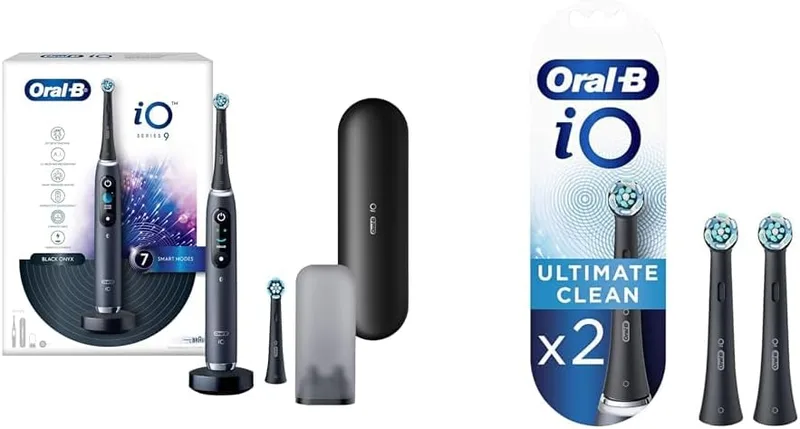 Oral B iO9 Ultimate Electric Toothbrush, 7 Smart Modes, Pressure Sensor, Travel case & refill holder with Oral B ORIGINAL iO Electric Toothbrush Replacement Brush Heads, Pack of 2 Refills