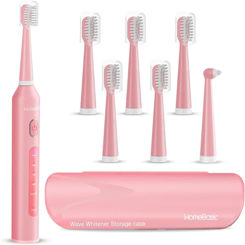 HOMEBASIC Sonic Electric Toothbrush for Adults, 40000 VPM, 5 Modes, 6 Brush Heads, 60-Day Battery, USB-C Rechargeable, IPX7 Waterproof, Smart Timer, Travel Case for Men & Women (Pink)