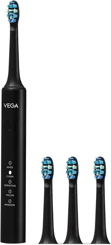 VEGA Careone C4 Electric Toothbrush Rechargeable With Ipx7 Waterproof,3 Brush Head,2 Min Auto-Timer, 60 Days Battery Life,1 Year Warranty, 35000 Strokes/Min, 5 Vibration Mode, For Adult,Vetb-04,Black