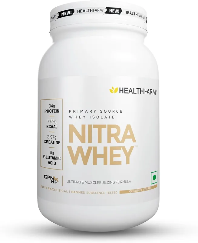 Healthfarm Nitra Whey Protein | 34g Protein Per Serving & 3g Added Creatine | Blend of Isolate & Concentrate Protein (Gourmet Coffee, 1kg)