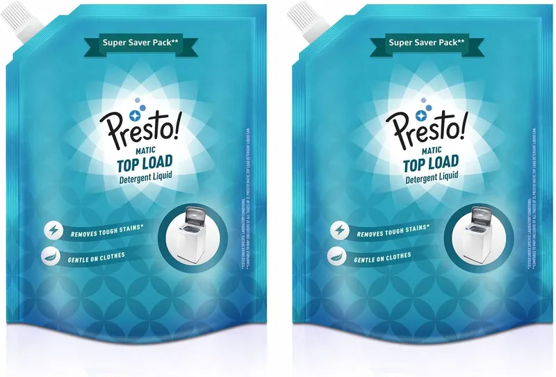 Amazon Brand - Presto! Matic Top Load Liquid Detergent, Refill Pack | 4 Litre | 2 L X 2 Packs | Removes Tough Stains | Gentle On Clothes | Refreshing Fragrance | Protects Fabric Color | Bleach-Free