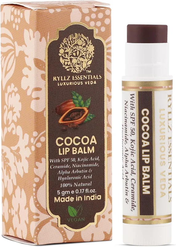 RYLLZ ESSENTIALS Cocoa Lip Balm | SPF 50 PA+++ | With Shea Butter, Kojic Acid, Ceramide, Niacinamide, Alpha Arbutin & Hyaluronic Acid | Brown Tint | For Lip Lightening & Moisturized Lips | 5 Gm