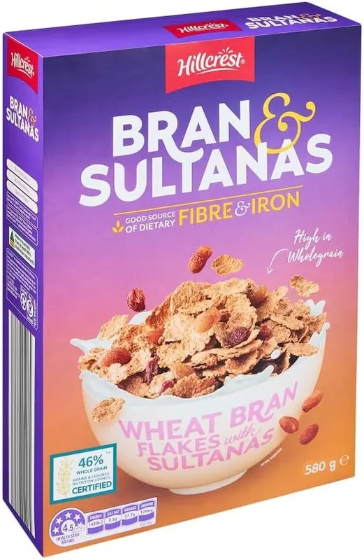 Wheat Bran & Sultanas | 580g | Australian made | Whole Wheat + Barley Malt + Juicy Sultanas Cereal | High Fibre | Vitamins, Iron, Protein, Calcium | 4.5 Health Star | 97% FAT Free
