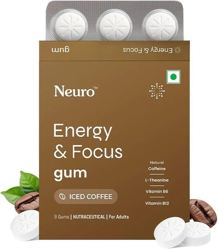 Neuro Energy & Focus Gum - Iced Coffee | Quick Energy Boost & Enhanced Focus | Natural Caffeine + 60 mg L-Theanine + Vitamin B6 & B12 | No Added Sugar | Aspartame Free | 45 Gums