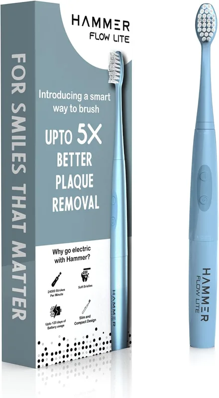 HAMMER Flow Lite Electric Toothbrush for Adults with 120 Days Battery Backup, Water resistant, Super-Soft Bristles (Blue)