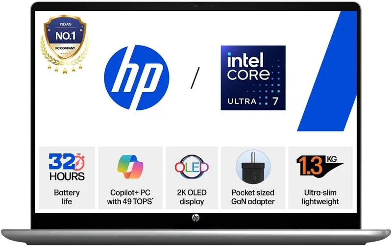 HP OmniBook 5 OLED ● Intel Core Ultra 7 355 ● 49 Tops ● 16GB LPDDR5x ●1TB SSD ● 2K● 14''/35.6cm● Win11● Office24● Meteor Silver● 1.33kg● hh0030TU● mini GaN Charger● Upto 32hrs battery life ● AI Laptop