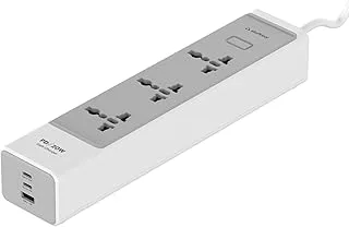Stuffcool Chargestrip 20W Extension Board with Surge Protector, 3 Universal AC Sockets and 20W Type-C PD, 18W USB-A Fast Charging, Charges iPhones & Pixels up to 50% in 30 Mins, Made in India