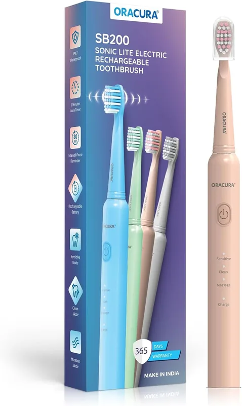 ORACURA SB200 Peach Electric Toothbrush for Men & Women, 1 Year Warranty, 36,000 strokes/min, 3 Modes, IPX7 Waterproof, 25 Days Charging Time Cycle, 2 Mins Auto-Timer