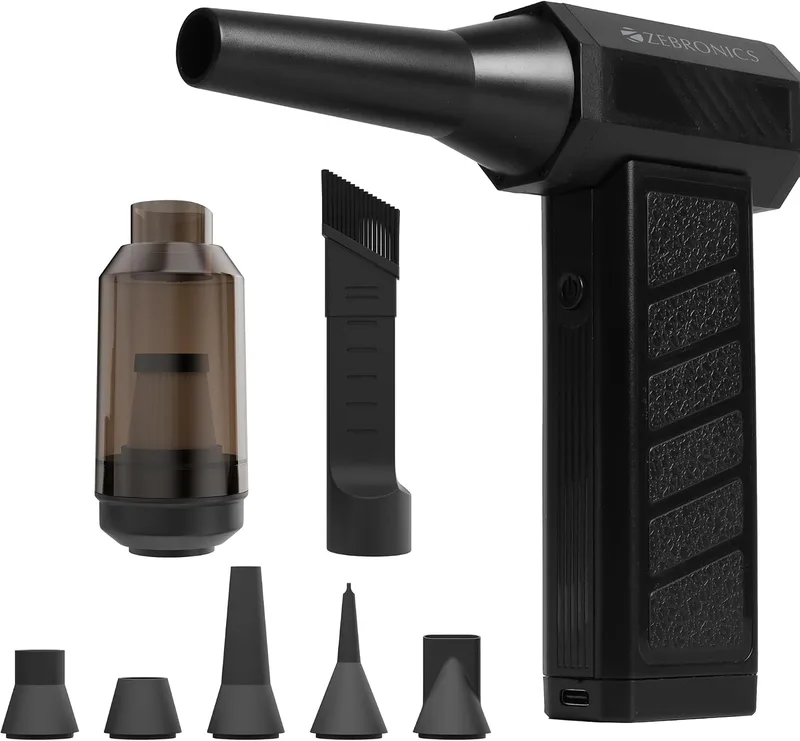 Zebronics Airgun 900 Handheld High Speed Air Duster & Vacuum, Upto 60mins Runtime, 120000 RPM Motor, 4 Speed Modes, 5200mAh Battery, HEPA Filter, Suction Kit, Digital Battery Indicator, LED Light