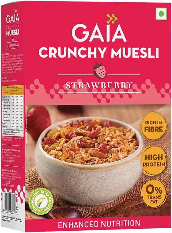 Gaia Crunchy Muesli- Strawberry. Power-packed low calorie healthy breakfast, High Fiber,Source of Iron,No Trans Fat,No Cholesterol,Nutritious breakfast choice |400 gm