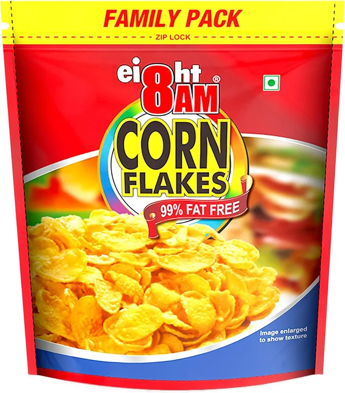 8AM Corn Flakes Family Pack 1kg, 92% Corn, 99% Fat Free, No Cholesterol, Trans Fat, Vitamin B3 & Iron, Crunchy & Nutritious Whole Grain Breakfast Cereal