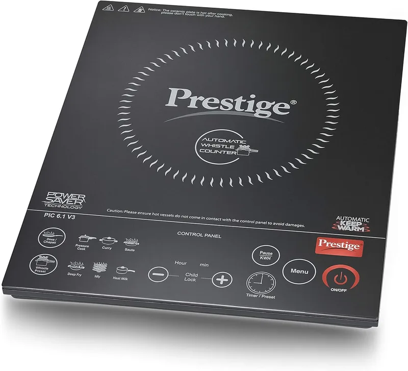 Prestige PIC 6.1 V3 2200 Watts Induction Cooktop | Patented Automatic Whistle Counter | 4KV Surge Protection | 7 Preset Indian Menu Options With Timer | Touch Button | Black | 1Y Warranty | BIS