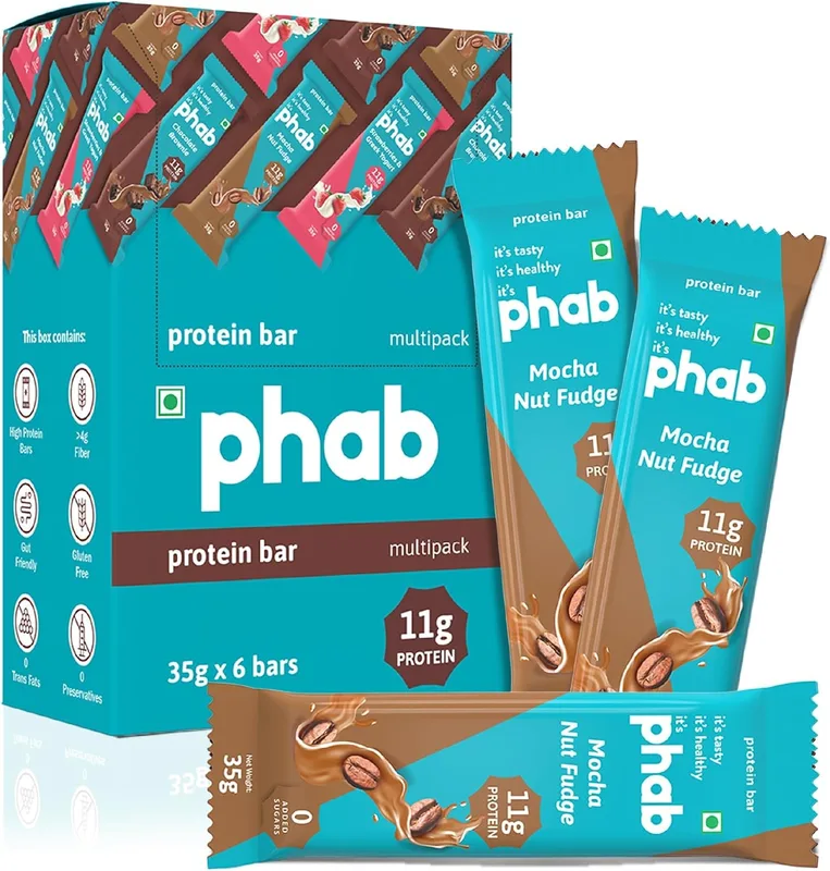 Phab Mocha Nut Fudge 11G Protein Bars (Pack Of 6),No Preservatives,100% Veg,No Added Sugar Gluten-Free Protein Bar For Energy,Fitness & Immunity With Goodness Of Dates & Coffee Powder-210 Gram