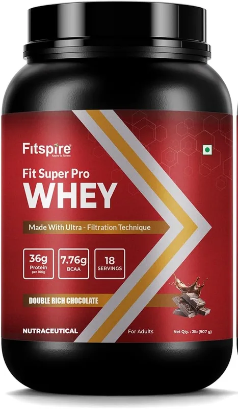 Fitspire Fit Super Pro Whey Protein Powder with Shaker Combo, Double Rich Chocolate | Whey Isolate & Concentrate Blend | 36g Protein per 100g | Enzymes, Probiotics & Prebiotics | Supports Muscle Growth & Recovery | No Added Sugar