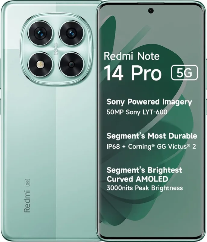 Redmi Note 14 Pro 5G (Ivy Green, 8GB RAM+ 128GB Storage) | Mediatek Dimensity 7300 Ultra Processor | AMOLED Display | Dual Nano-SIM | 5500mAh Battery | Mediatek Dimensity 7300 Ultra Processor, AMOLED Display, Dual Nano-SIM, 5500mAh Battery