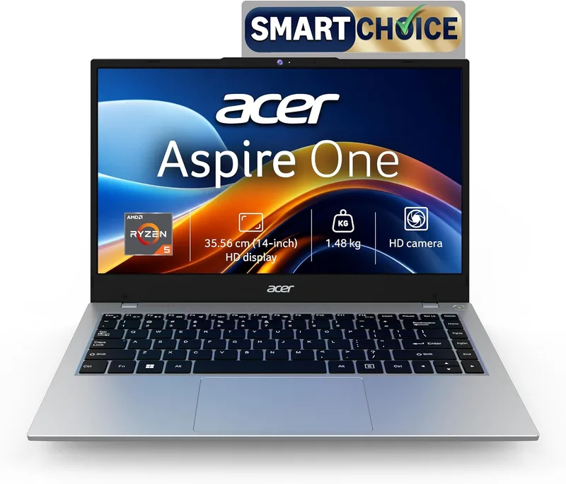 Acer Smartchoice Aspire One, AMD Ryzen 5-40, 8GB LPDDR5 RAM/ 512GB SSD, 14.0"/35.56cm WXGA Display, Win 11 Home, Pure Silver, 1.48KG, A114-43, Thin and Light Laptop
