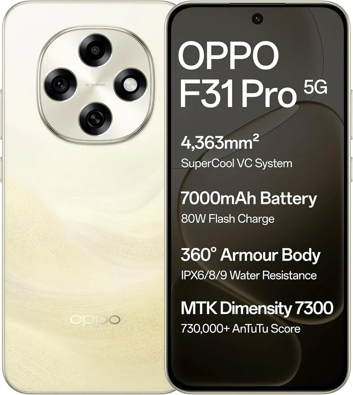 Oppo F31 Pro 5G (Desert Gold, 8GB RAM, 256GB Storage) with No Cost EMI/Bank Offers