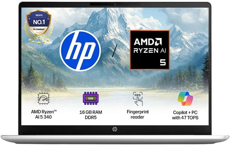 HP OmniBook 3 AMD Ryzen AI 5 340 Next Gen AI Laptop, (16GB DDR5, 512GB SSD), Anti-Glare,15.6''/39.6cm FHD, Win11,Office24, Silver,1.7kg, FHD Camera w/Privacy Shutter, fn0007AU