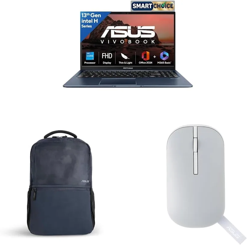 ASUS Vivobook 15, Smartchoice, Intel Core i5-13420H,16GB RAM,512GB SSD,FHD 15.6",Win11,Office 2024,Quiet Blue + Laptop Bag and Mouse