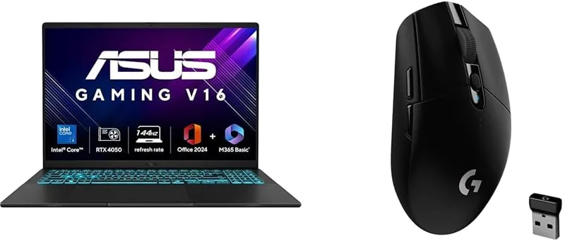 ASUS Gaming V16 Gaming Laptop,14th Gen Intel Core 5 210H+6GB RTX 4050,16GB RAM,512GB SSD with Logitech G304 Gaming Mouse, Wireless, 12000DPI Programmable