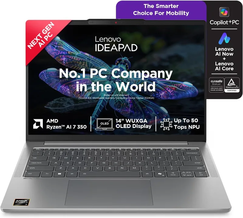 Lenovo IdeaPad Slim 5 AMD Ryzen AI 7 350 (24GB RAM/1TB SSD/14 (35.5cm)/WUXGA OLED/Lenovo AI Now/Copilot+ PC/Windows 11/MSO 365 Basic+Office 2024/1Yr ADP Free/Grey/1.4Kg), 83HX00A5IN AI Laptop