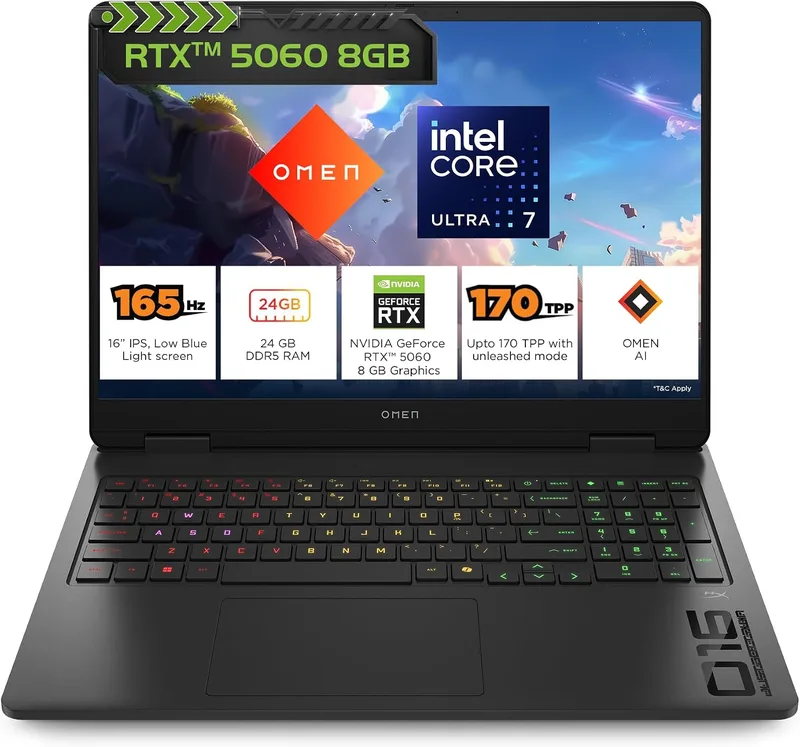 HP Omen, Intel Core Ultra 7 255H, 8GB RTX 5060, 24GB DDR5(Upgradeable) 1TB SSD, 2K, 165Hz, 3ms Response time, IPS, 16''/40.6cm, Win11, M365*Office24, Shadow Black, 2.43kg, am0238tx, RGB Gaming Laptop