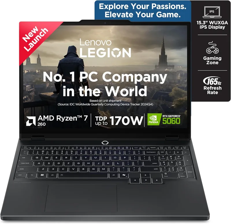 Lenovo Legion 5 2025 AMD Ryzen 7 260 | NVIDIA RTX 5060 8GB (16GB RAM/1TB SSD/WUXGA IPS/165Hz/15(39.6cm)/Windows 11/Office 2024+AI Now/Black/2.5Kg), 83M00074IN AI Powered Gaming Laptop