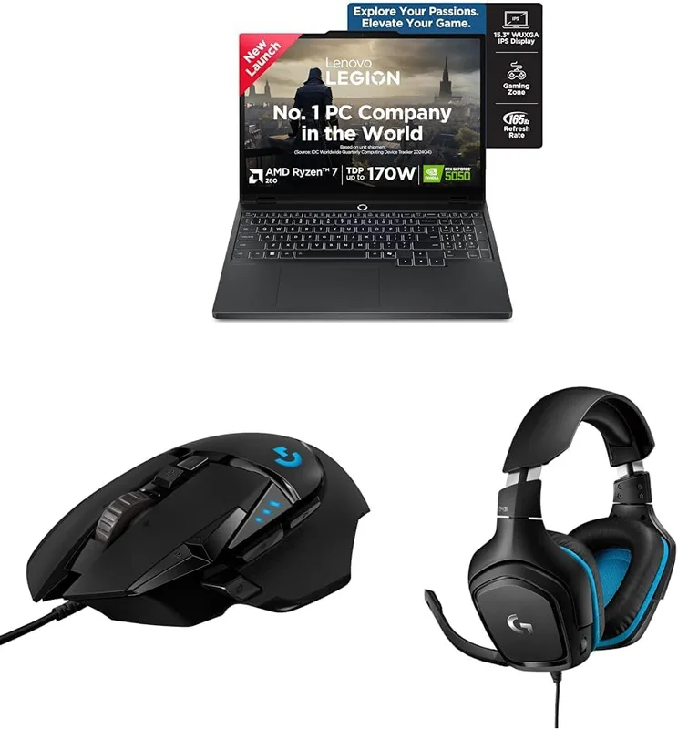 Lenovo Legion 5 Gaming Laptop,AMD Ryzen 7 260+8GB RTX 5050,16GB RAM,1TB SSD with Logitech G502 Hero Gaming Mouse, Wired, 25000 DPI Programmable and Logitech G431 Wired Gaming Headset