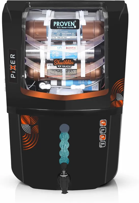 Proven Pixer Water Purifier – RO + UV + UF with Copper Zinc Alkaline Technology, TDS Adjuster, 12L Storage Tank, Sleek Black, Made in India, ISI | 12 Stage Purification | 1 Year Warranty