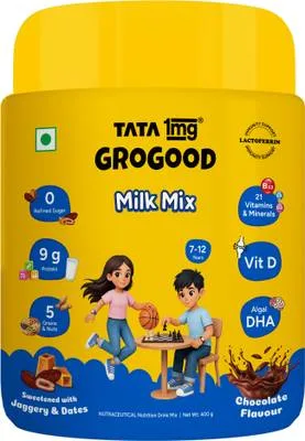 TATA 1mg GroGood Kids Milk Mix (7–12 Yrs),Kids Protein Powder,9g Protein,No Refined Sugar