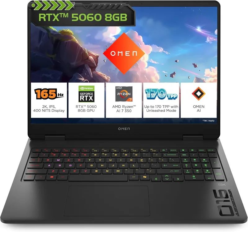 HP Omen, AMD Ryzen AI 7 350, 8GB RTX 5060, 24GB DDR5(Upgradeable) 1TB SSD, 165Hz, 2k WUXGA, 3ms, 400 nits, 16''/40.6cm, Win11, M365* Office24, Black, 2.44kg, ap0183AX, RGB, AI Gaming Laptop
