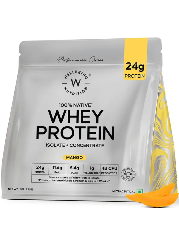 Wellbeing Nutrition Whey Protein Isolate & Concentrate- 1 Kg- Mango