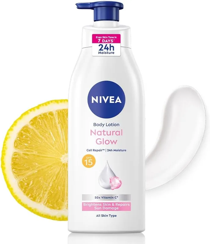 NIVEA Natural Glow Cell Repair Body Lotion with SPF 15 And UV A & B Filters | 50X Vitamin C | 24H Hydration | Even Skin Tone in 7 Days | Brightens Skin and Repairs Sun Damage | Lightweight, Quick Absorbing, Non-Sticky Formula | For All Skin Types | 400 Ml