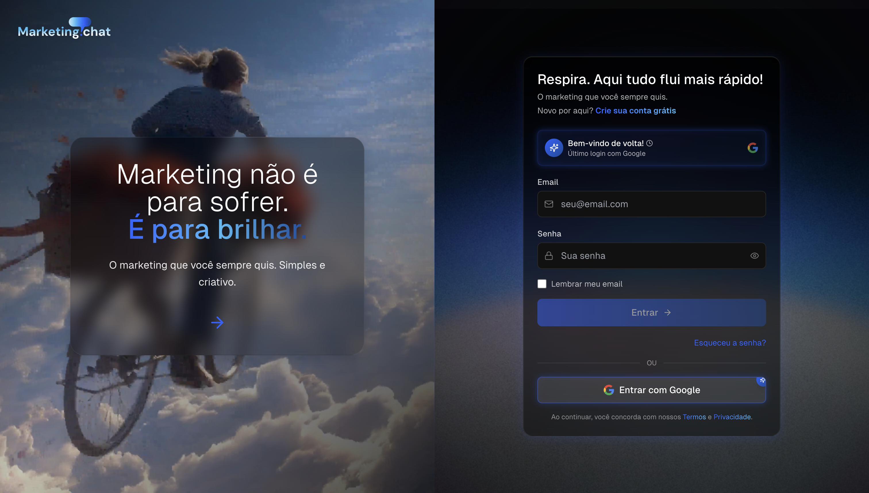 Tela de login do Marketing.Chat