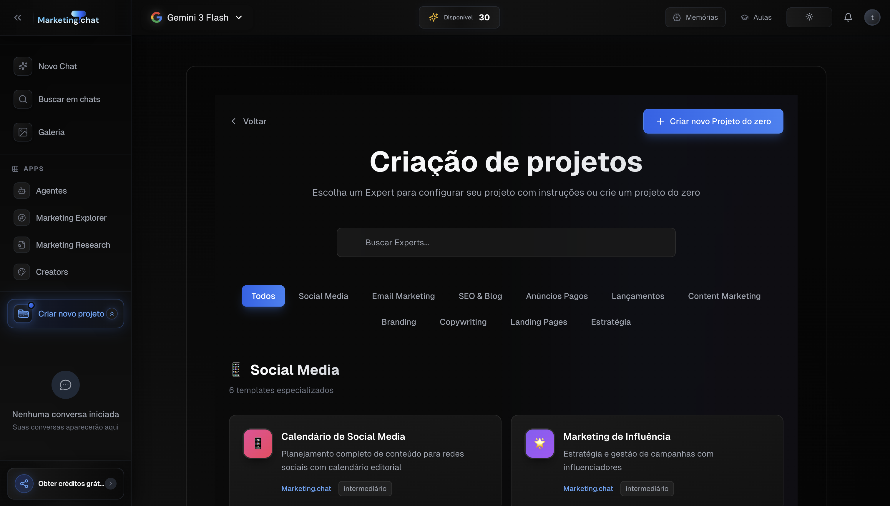 Seletor de templates ao criar um novo projeto
