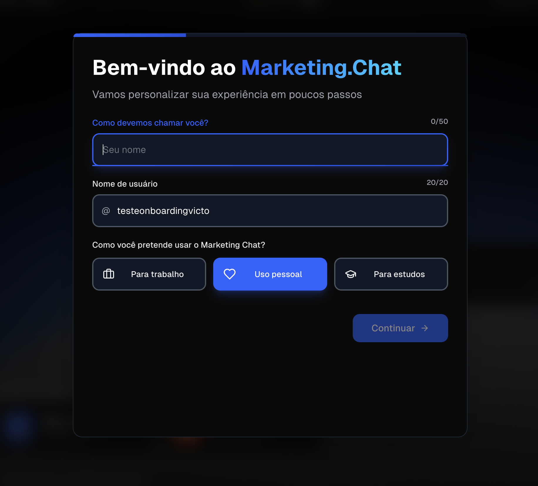 Modal de onboarding do Marketing.Chat