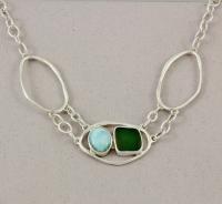 Oceano Sea Glass: Silver Link Necklace with Larimar and Teal Sea Glass 