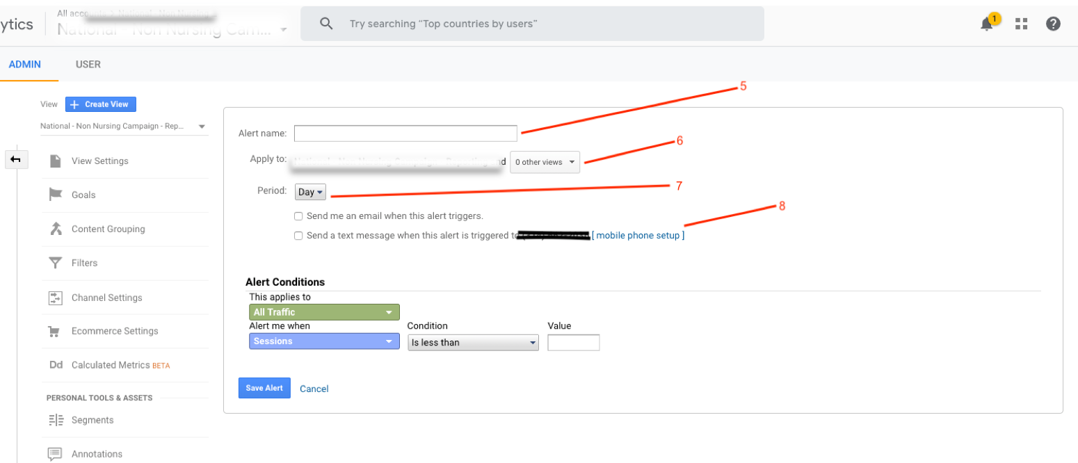 Google Analytics custom alert settings