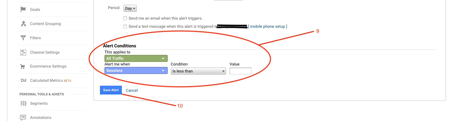 Google Analytics Custom Alert Condition Settings