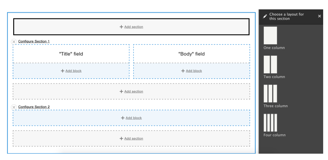 Screenshot of the Layout Builder module in Drupal, showing how content editors can drag-and-drop sections.