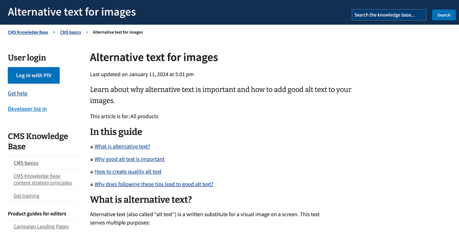 Screenshot from VA.gov on Alternative Images guidelines
