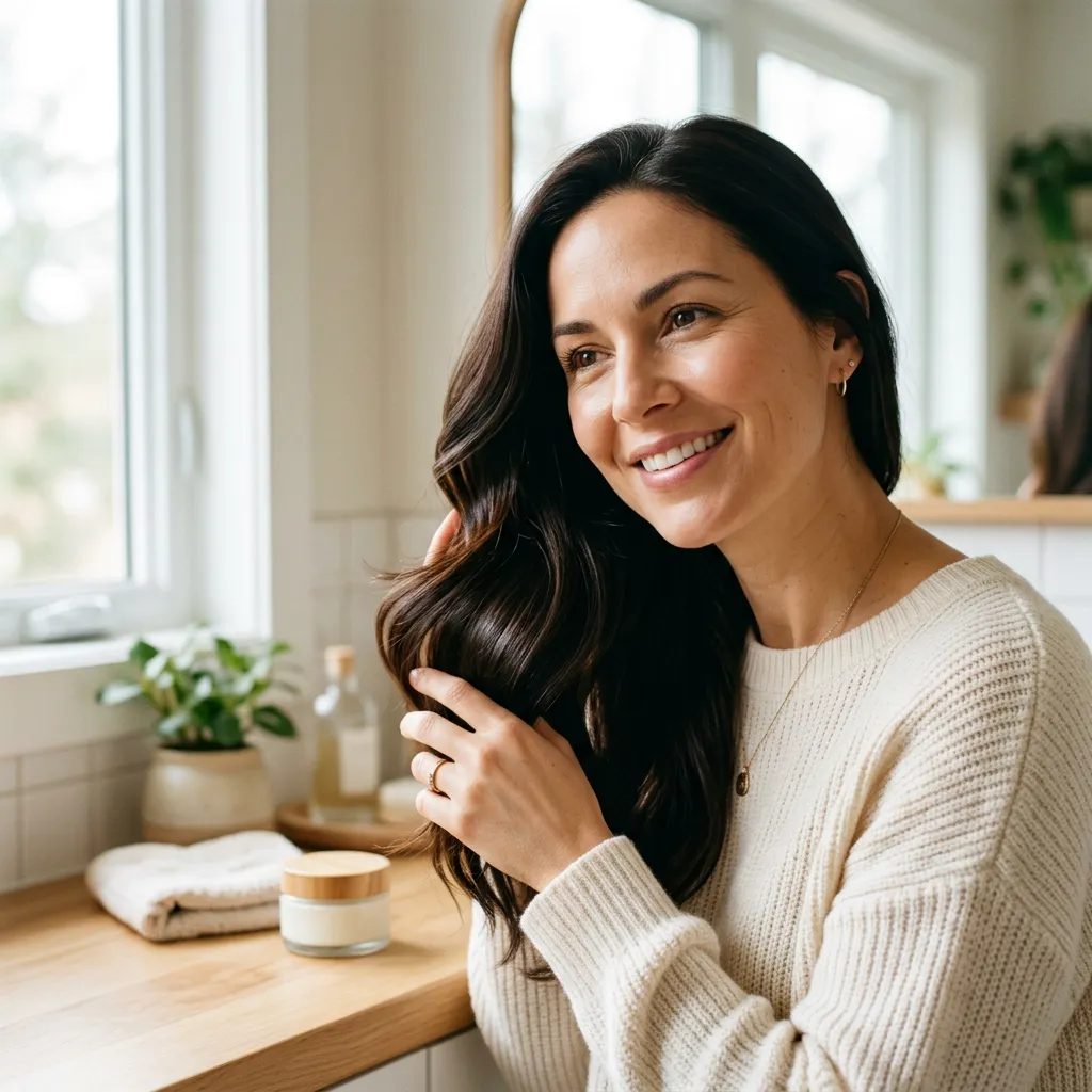 A parent with healthy, shiny hair, holding a small, unbranded hair mask sample.