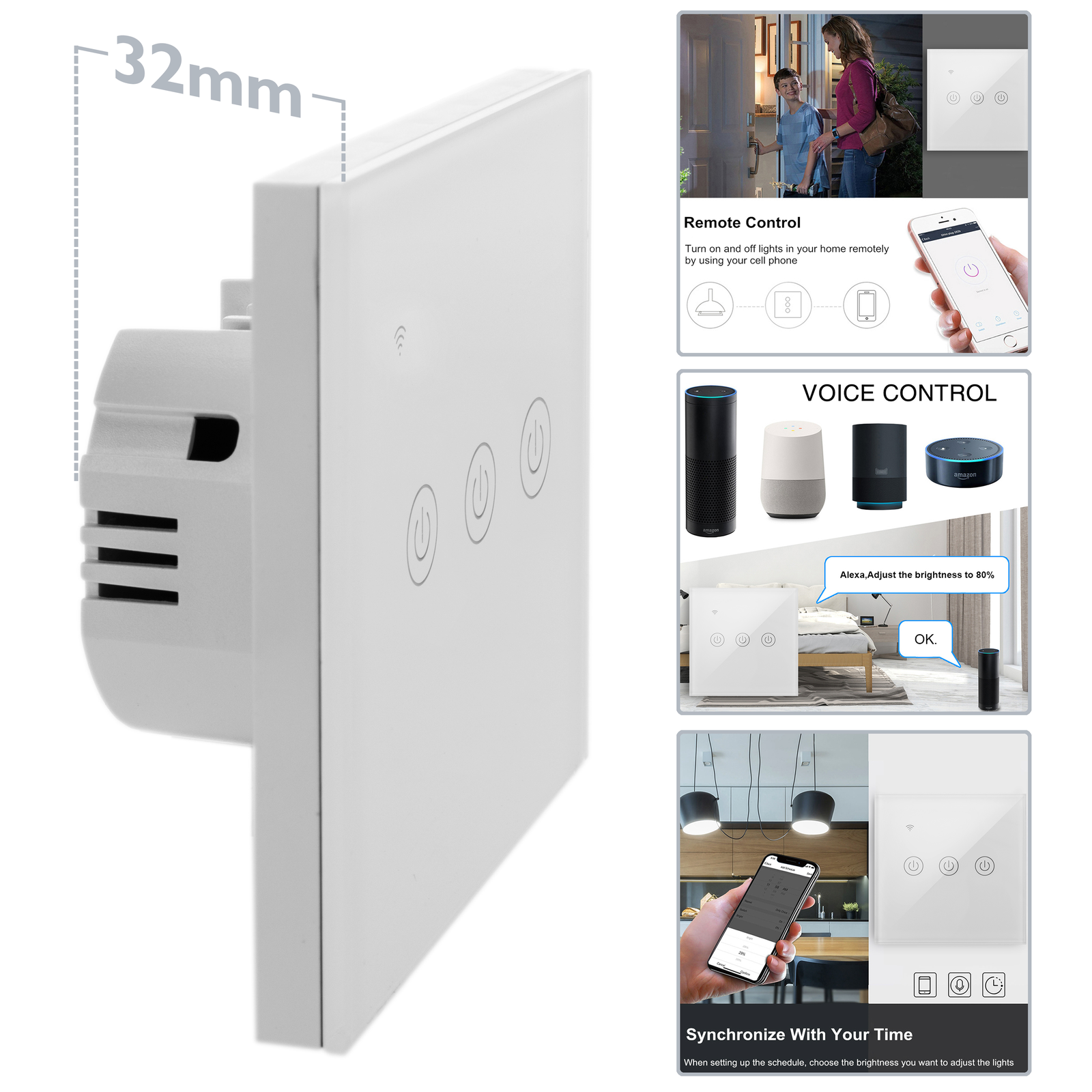 Interrupteur tactile WiFi triple blanc compatible avec de nombreux