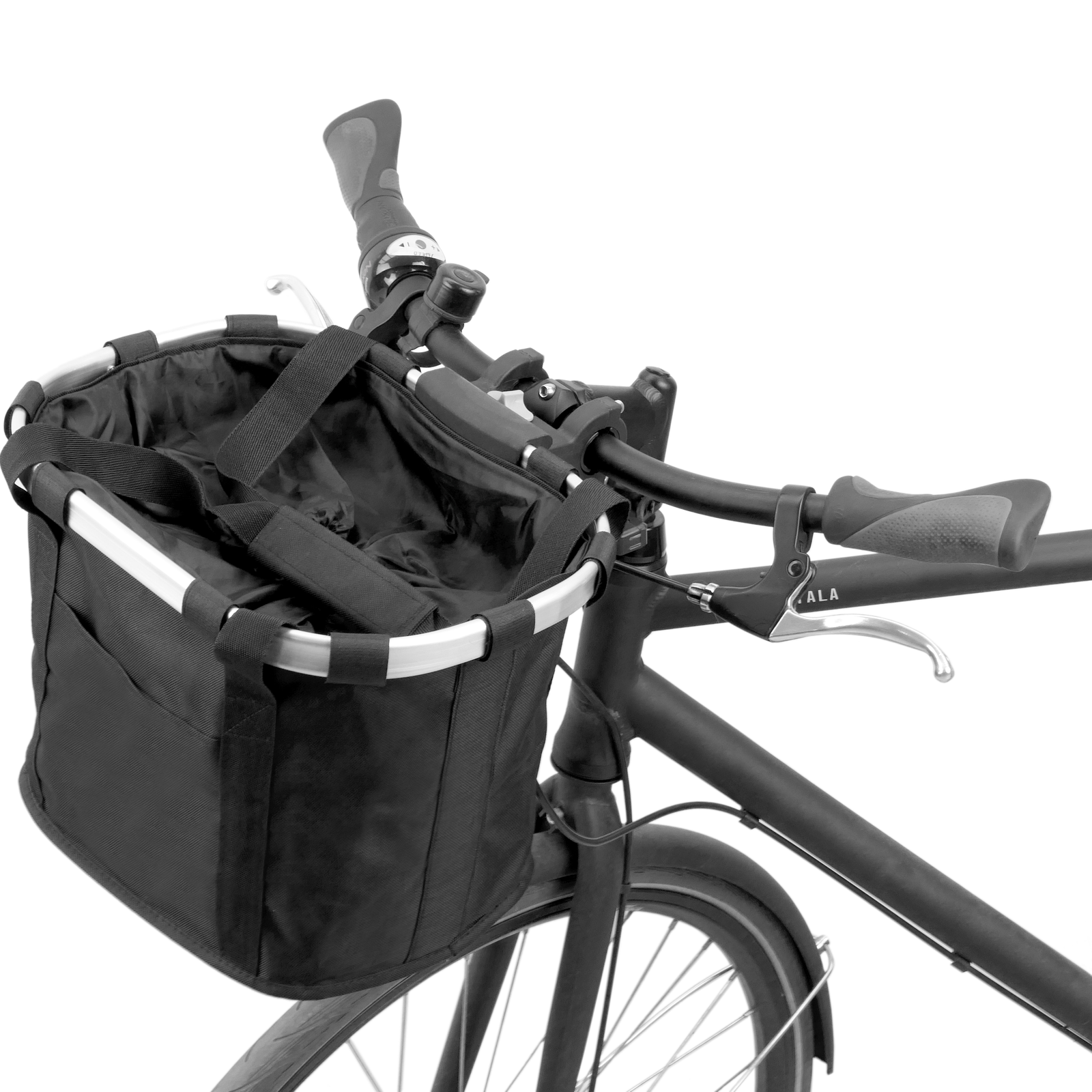 piano Stun Veel Detachable front bicycle basket for handlebar made of waterproof black  fabric with cord system - Cablematic